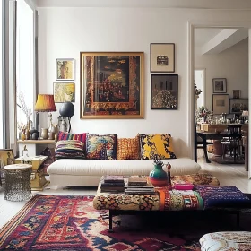 Cozy Interior with Patterned Rug and Pillows