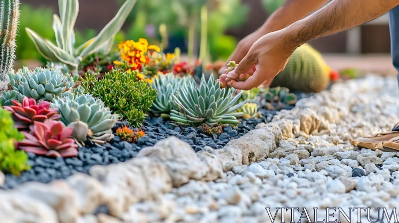 Hands Tending to Succulents in Garden AI Image