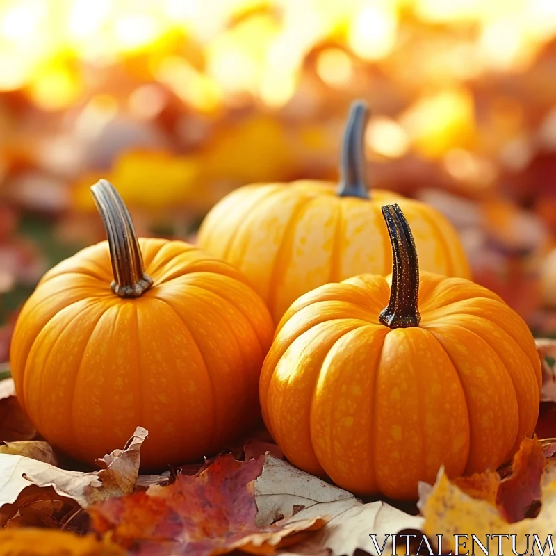 Three Pumpkins Among Autumn Leaves AI Image