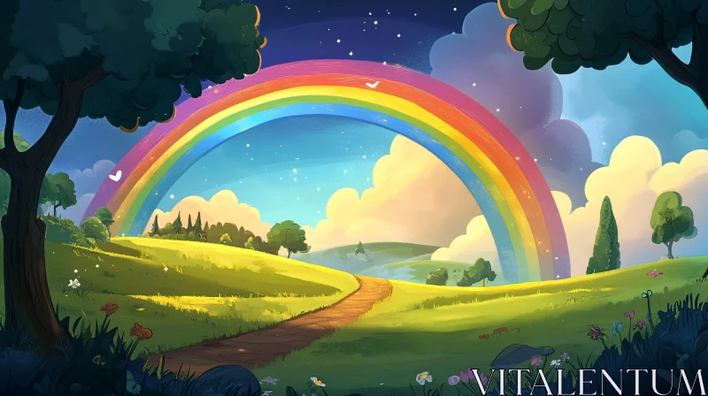 Rainbow Meadow Cartoon Art AI Image