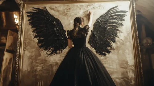 Woman Painting Angel Wings on Canvas