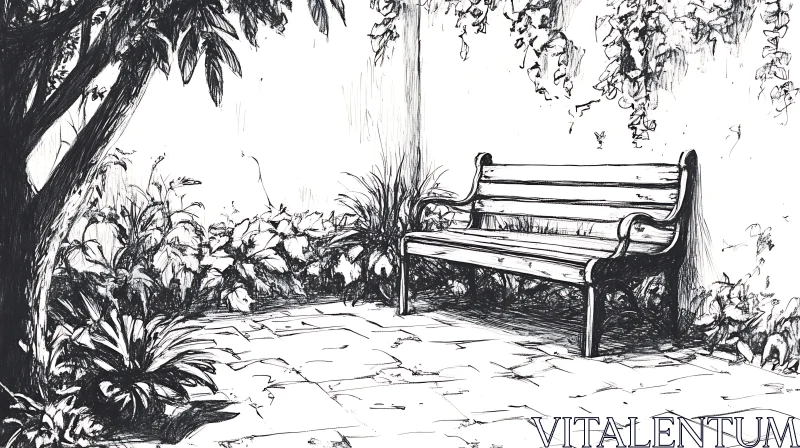 Monochrome Park Bench Amidst Foliage AI Image