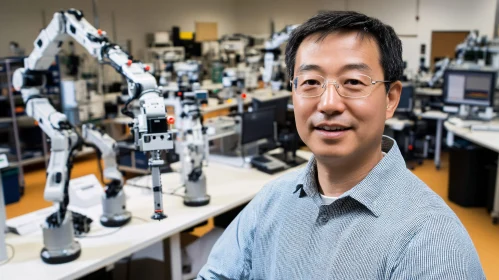 Asian Scientist with Robotic Arms