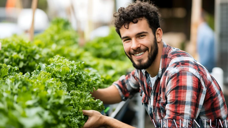 Smiling Man Harvesting Organic Lettuce AI Image