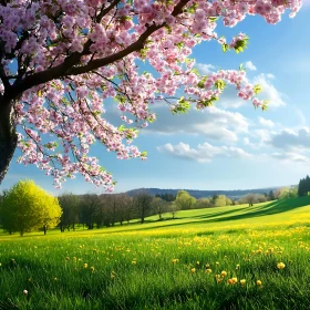 Spring Meadow with Blossoming Tree