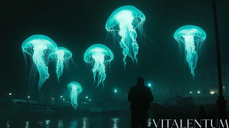 AI ART Glowing Jellyfish Over Dark Waters