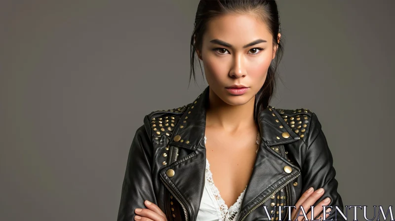 Captivating Portrait of a Confident Asian Woman in a Black Leather Jacket AI Image