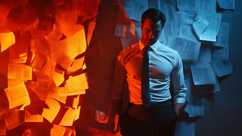 Stressed Man Surrounded by Documents