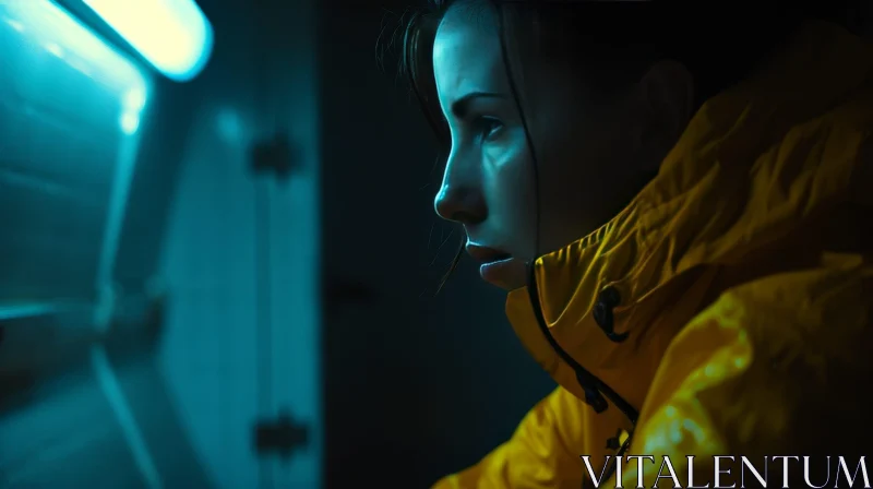 Contemplation in Blue: Thoughtful Young Woman in Yellow Jacket AI Image