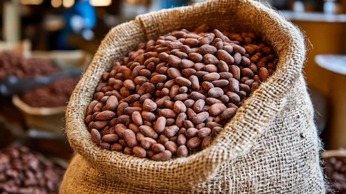 Abundance of Cacao Beans in a Woven Sack