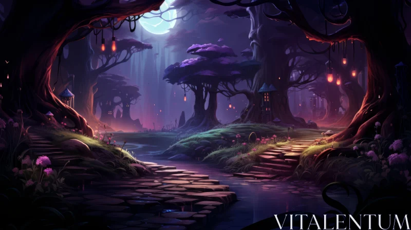 Enchanted Fairy Forest Path - A Nighttime Mushroomcore Illustration AI Image