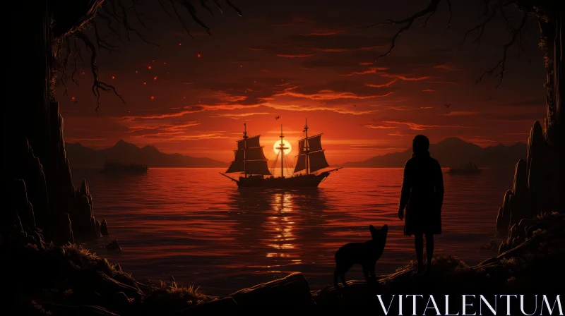 Epic Fantasy Scene: Man Observing Ship Sailing into the Sunset AI Image