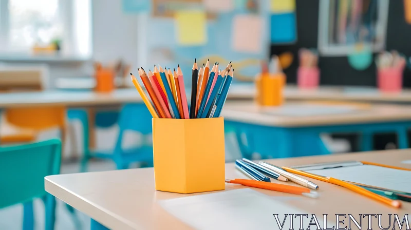 Colorful Pencils in Classroom Setting AI Image