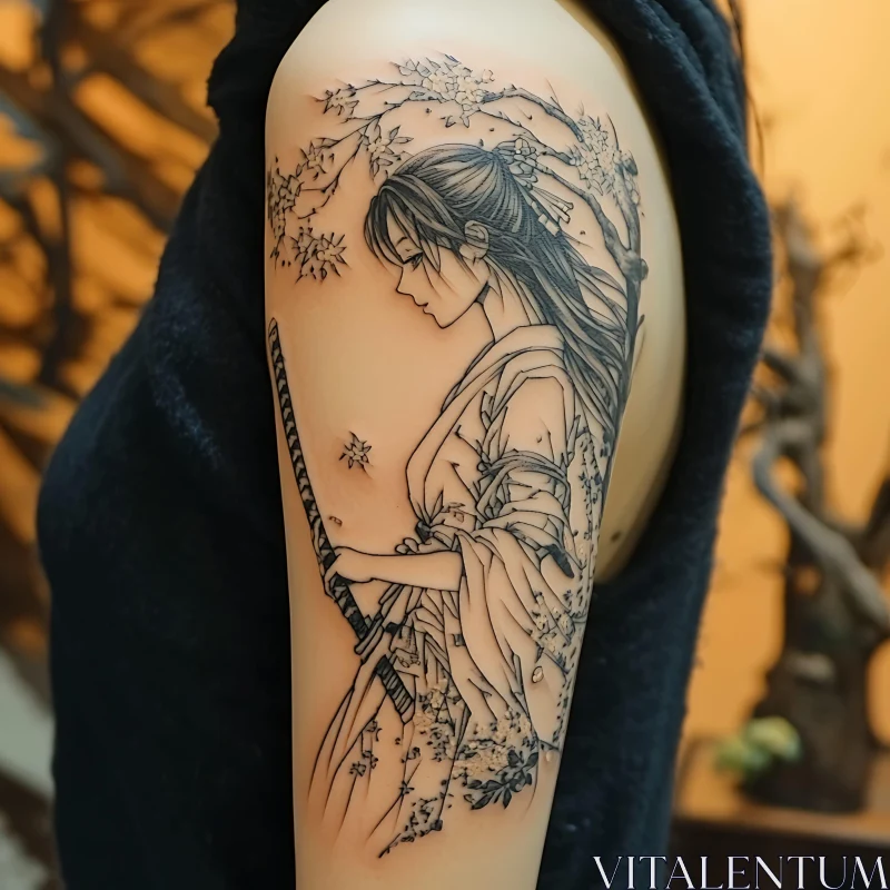 Female Samurai Arm Tattoo with Katana AI Image