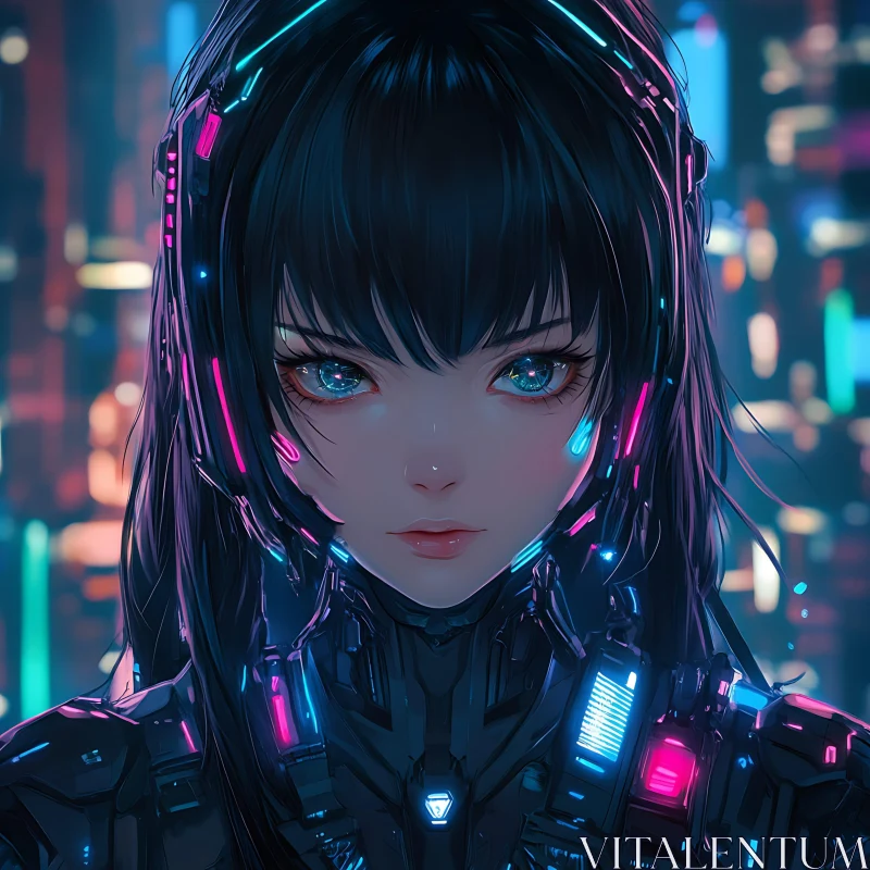 Cybernetic Anime Girl in Neon City AI Image