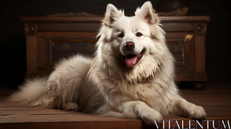Joyful White Shaggy Dog Portrait on Wooden Floor AI Image