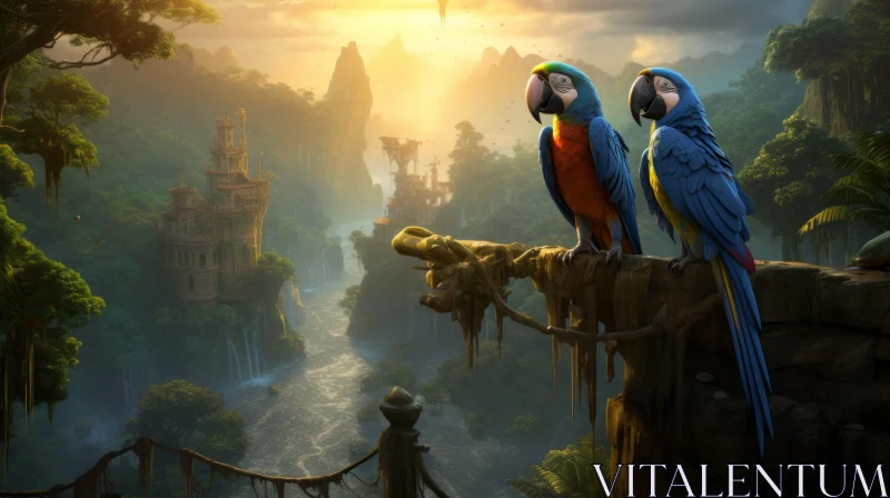 AI ART Mystical Jungle Scene with Parrots and Fantastical Machines