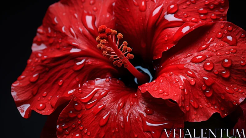 Red Hibiscus Flower with Dew Drops - Exotic and Serene AI Image