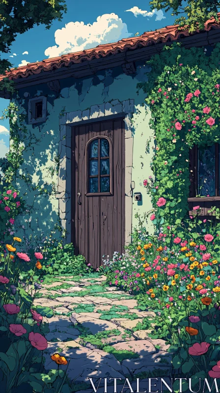 Floral Building with Wooden Door AI Image