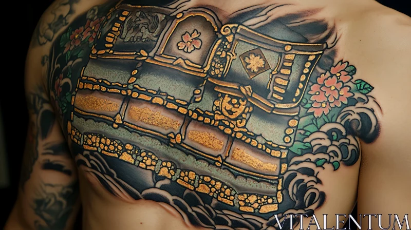 Ornate Chest Tattoo With Golden and Floral Details AI Image