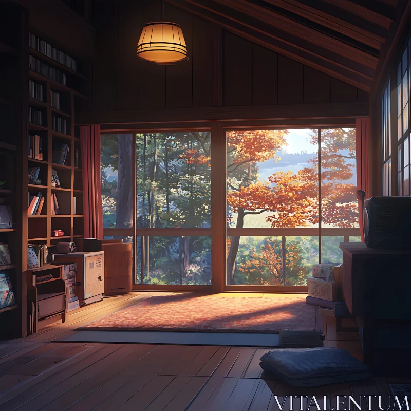 Indoor Autumn View with Bookshelf AI Image