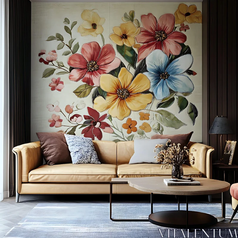 Colorful Floral Design in Living Room AI Image