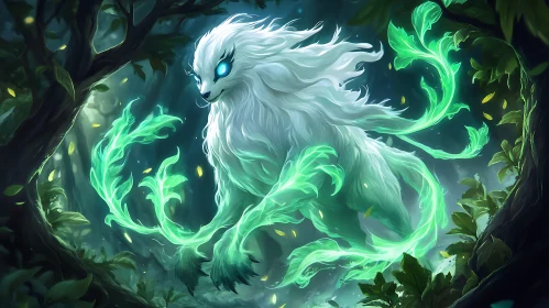 Mystical Creature in Forest with Green Leaves