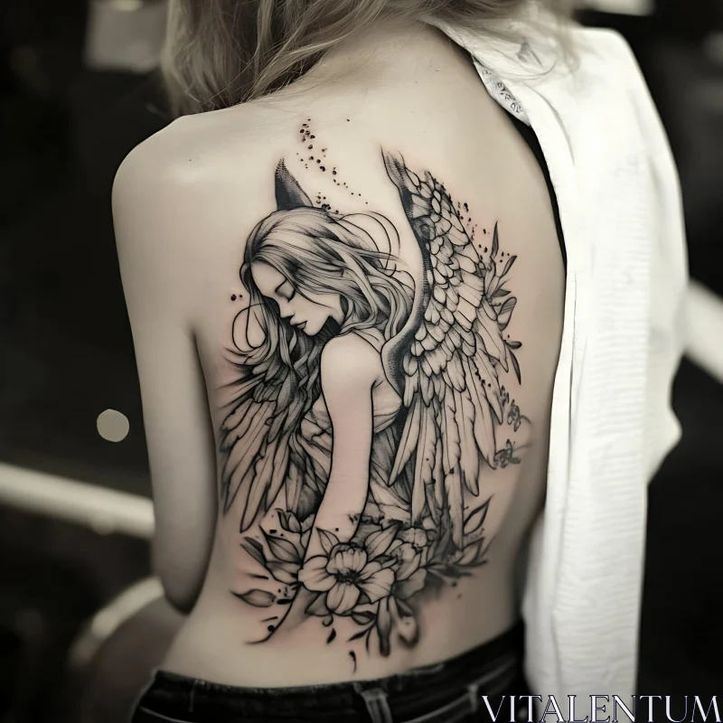 Serene Woman with Angel Wings Tattoo and Floral Elements AI Image