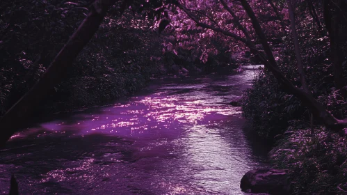 Peaceful Forest River with Purple Light Reflections