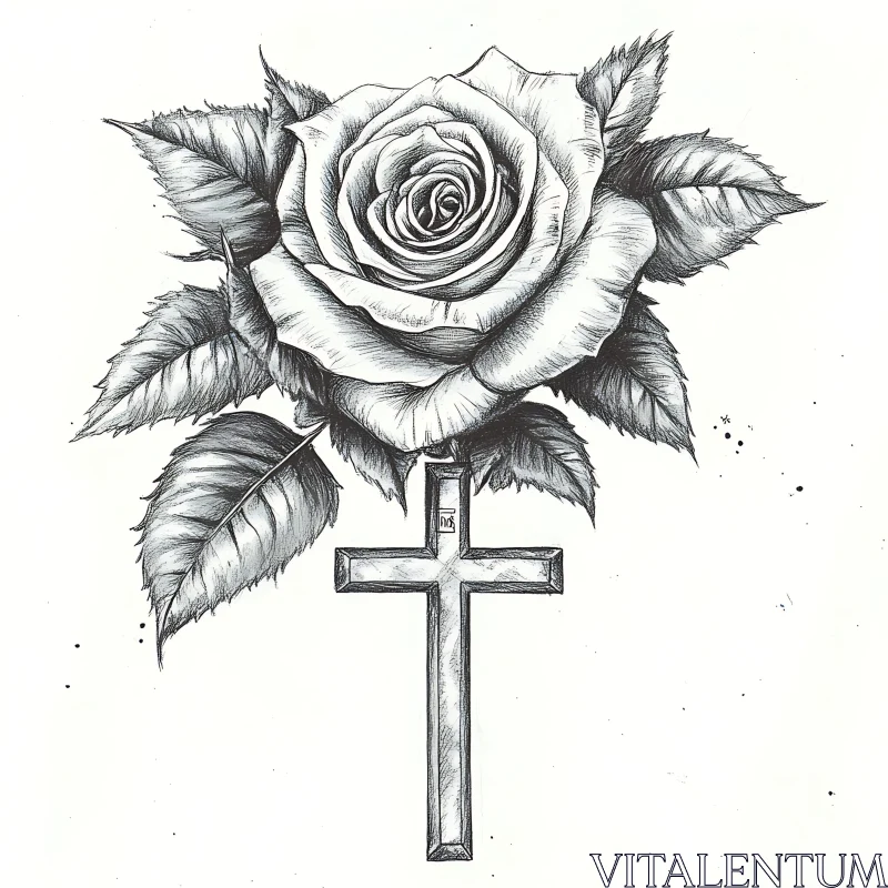 Intricate Rose and Cross Sketch Tattoo AI Image