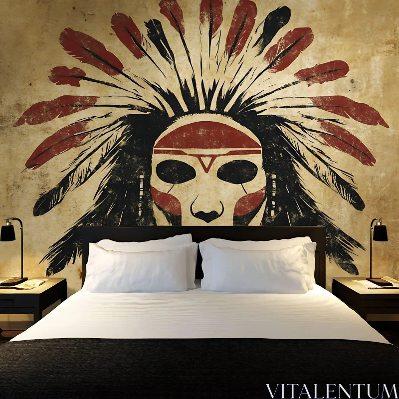 AI ART Bedroom with Tribal Headdress Wall Design