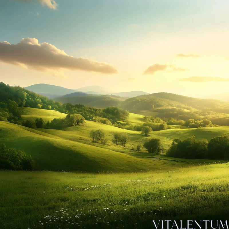 AI ART Peaceful Green Hills and Sunlight