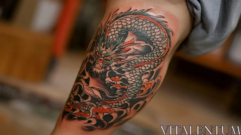 Detailed Arm Tattoo with Dragon Design AI Image