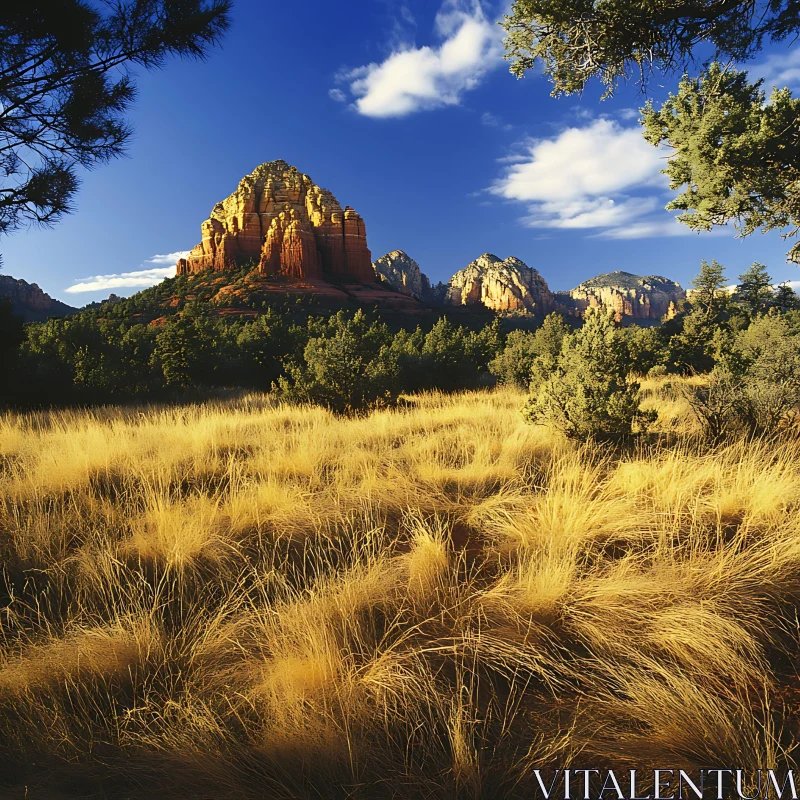 AI ART Golden Field and Red Rock Mountains