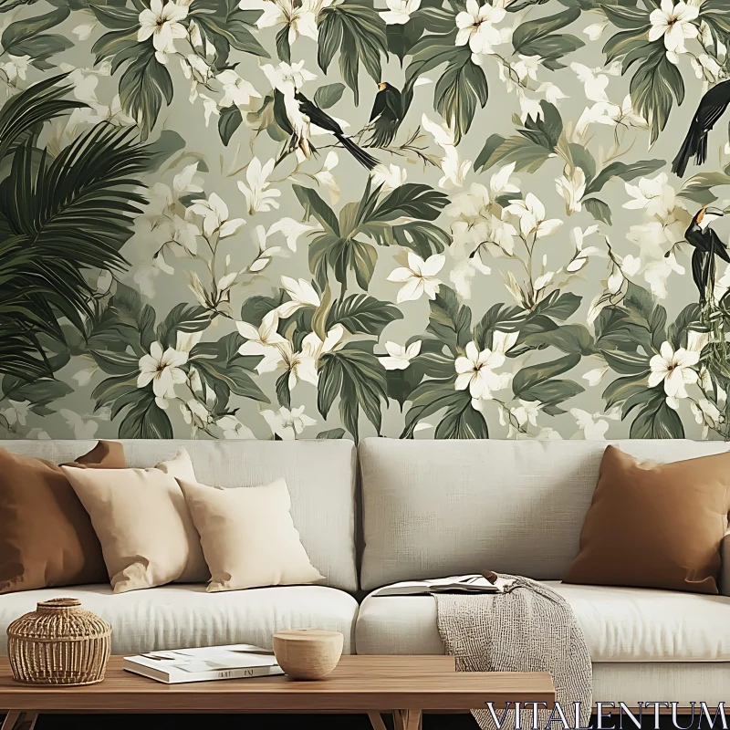 Botanical Wallpaper and Sofa Interior Design AI Image