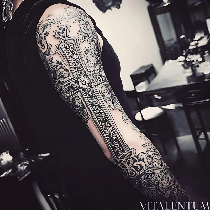 Ornate Full Arm Tattoo with Gothic Cross AI Image