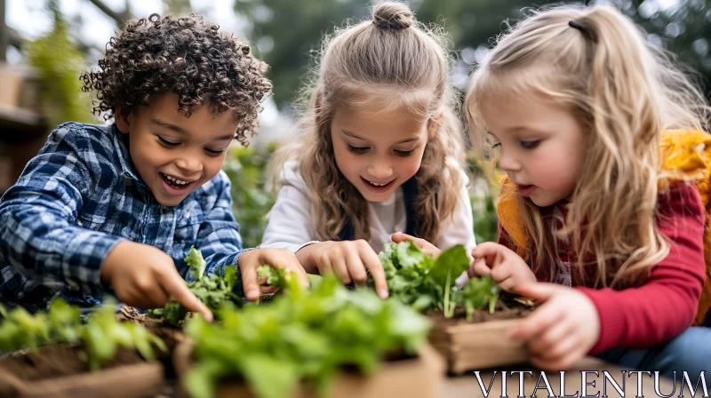 Kids Planting Seedlings with Smiles AI Image