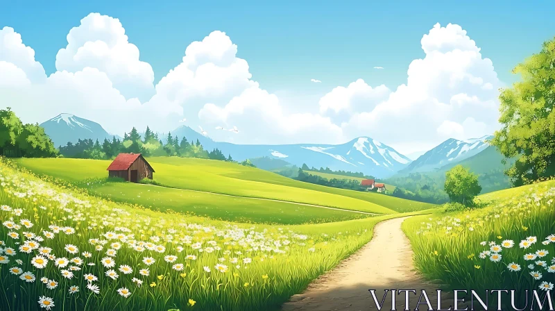 AI ART Scenic Daisy Field Path in Mountainous Landscape