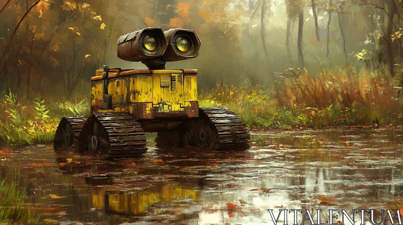 Rustic Robot in Forest Pond AI Image