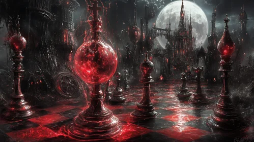 Red Chess Pieces on Dark Board