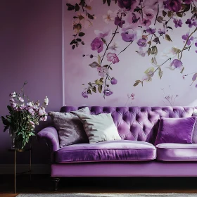 Plush Purple Sofa and Floral Wall Decor