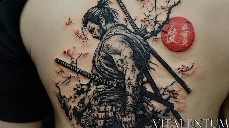 Samurai and Cherry Blossoms Back Tattoo AI Image