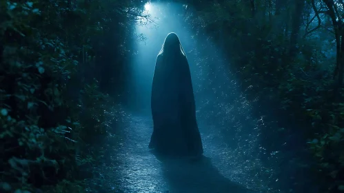 Mysterious Figure in Moonlit Woods