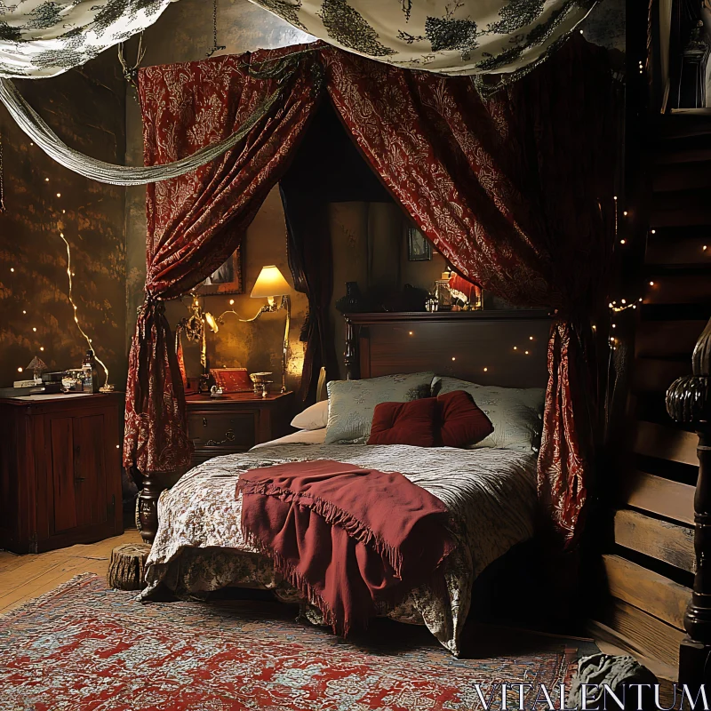 AI ART Red Canopy Bed in Cozy Bedroom