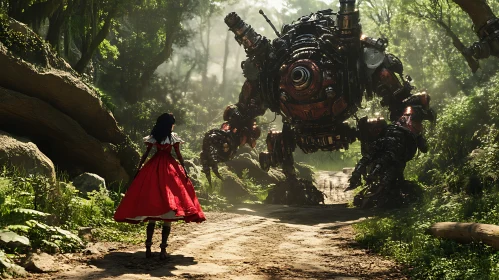 Red Dress and Robot in Forest Glade