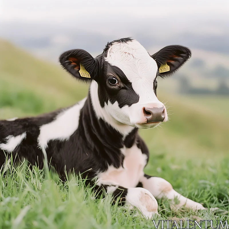 Peaceful Calf Resting in Grassy Meadow AI Image