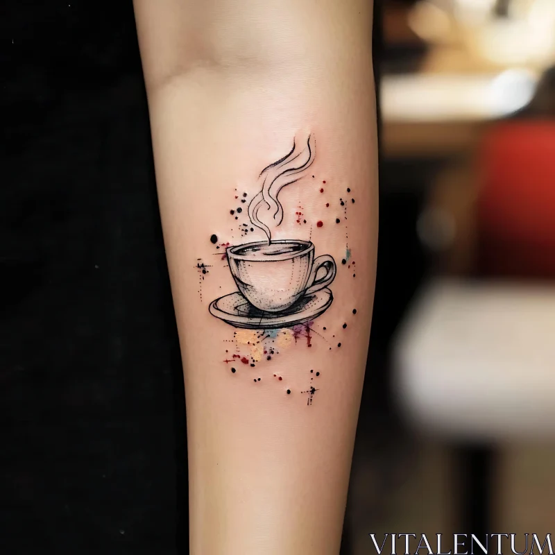 Steaming Coffee Cup Tattoo with Watercolor Splashes AI Image