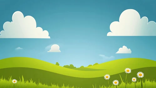 Cartoon Green Field with Flowers