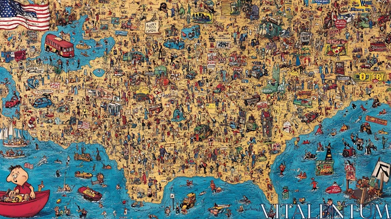 AI ART Detailed USA Map with Cartoon Figures