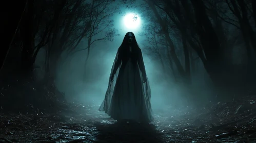 Ghostly Figure in Moonlight Woods